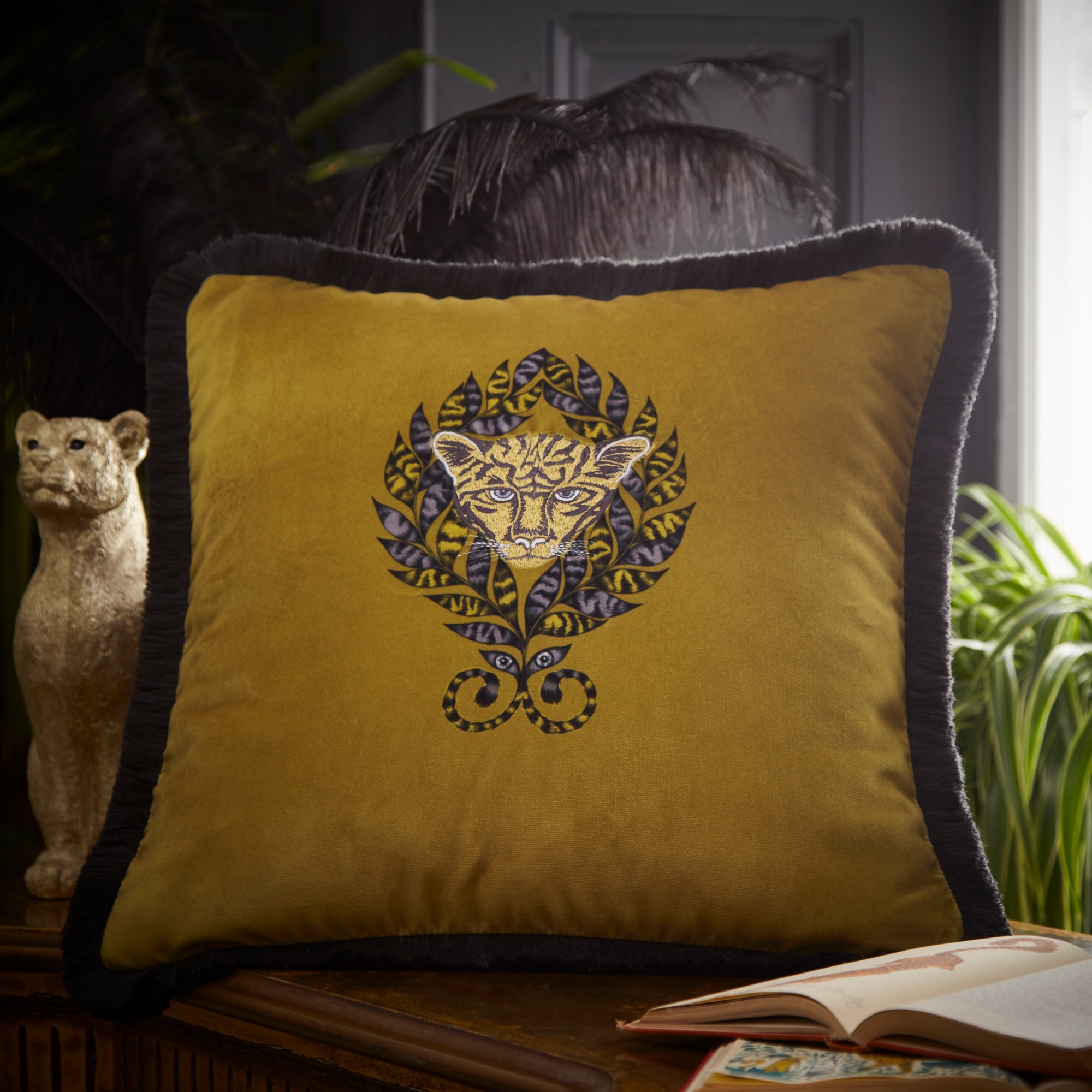 Amazon Jaguar Face Cushion By Emma J Shipley In Gold Yellow